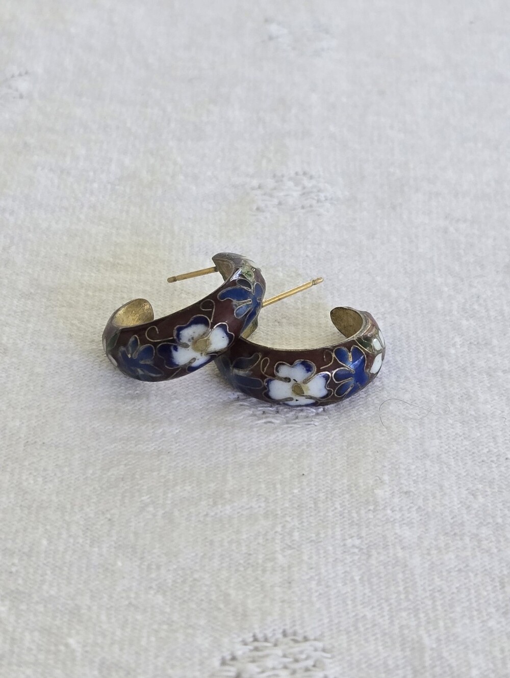 Vintage 14K Gold Filled Floral Cloisonné Hoop Earrings - Blue, Maroon, and White